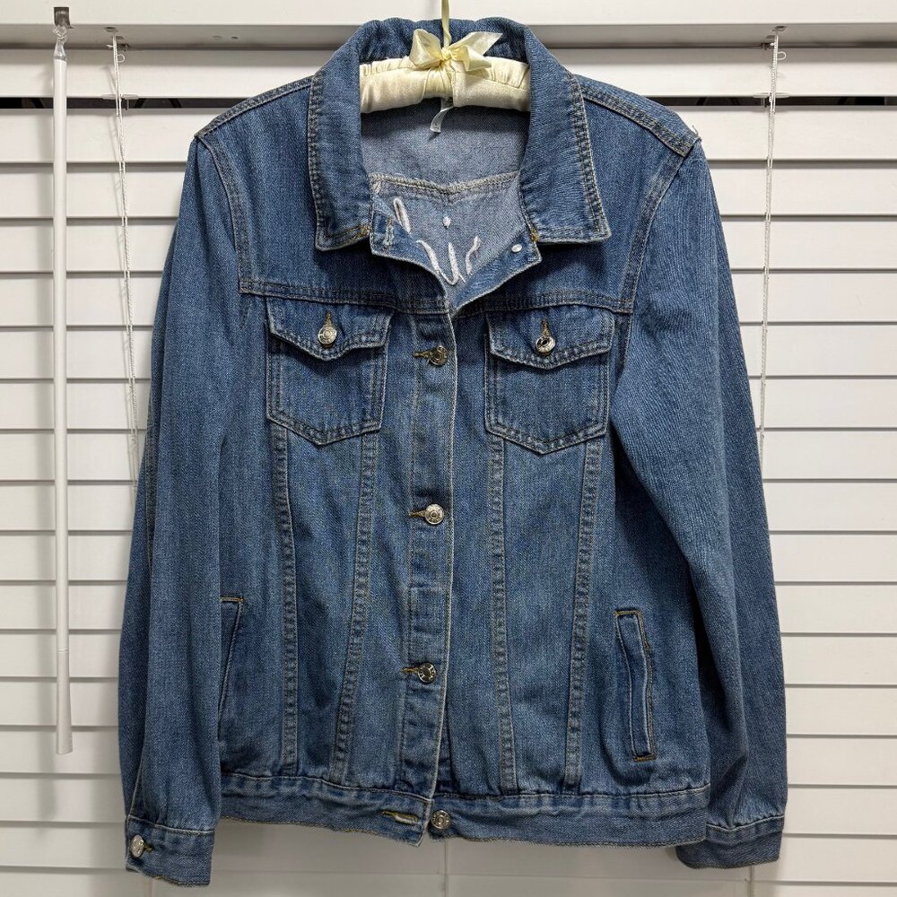 David's Bridal embroidered "Bride" & flowers trucker/jean jacket; Size L - Picture 2 of 6